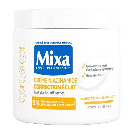 Mixa Crème Niacinamide Correction Éclat 9% – Hydratante Anti-Taches 48H – Peaux Très Sèches avec Taches – 400 ml
