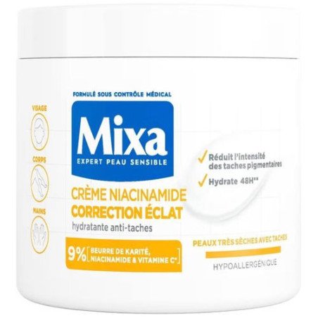 Mixa Crème Niacinamide Correction Éclat 9% – Hydratante Anti-Taches 48H – Peaux Très Sèches avec Taches – 400 ml