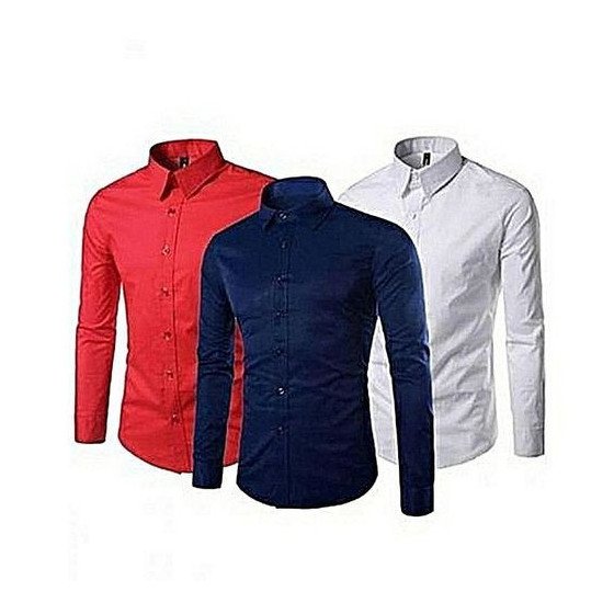 Pack de 3 chemises slim fit longues manches coton / rouge- bleu de nuit- blanc