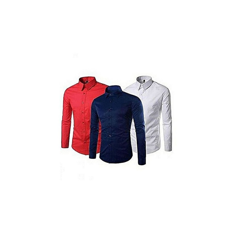 Pack de 3 chemises slim fit longues manches coton / rouge- bleu de nuit- blanc