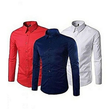 Pack de 3 chemises slim fit longues manches coton / rouge- bleu de nuit- blanc